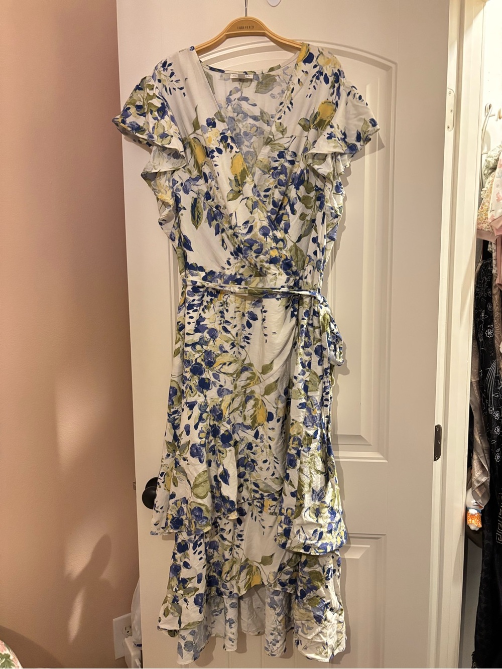 Blue & Green Floral Wrap Midi Dress with Ruffle Detail